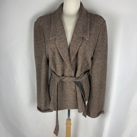 St. John Jackets & Blazers - St John Tan tweed knit blazer w/ leather lined belt